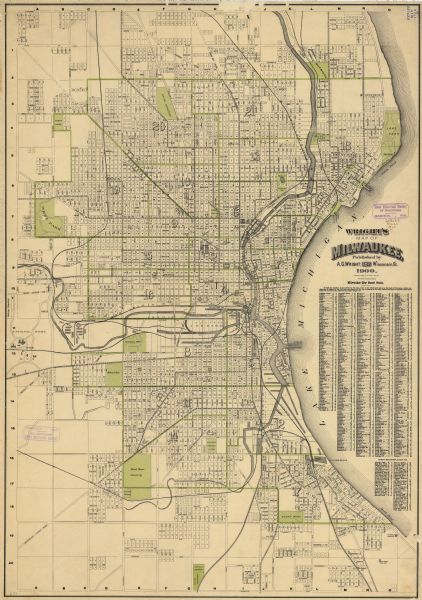 This map shows city wards, block numbers, parks, cemeteries, roads, railroads, Lake Michigan, and selected buildings. Also included are indexes "Milwaukee city street guide" and "Public buildings, parks, etc." The right margin reads: "Copyright, 1888, by Alfred G. Wright."