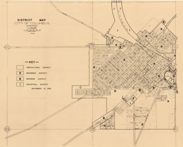 This map shows agricultural, residence, business, and industrial districts as well as lot and block numbers.