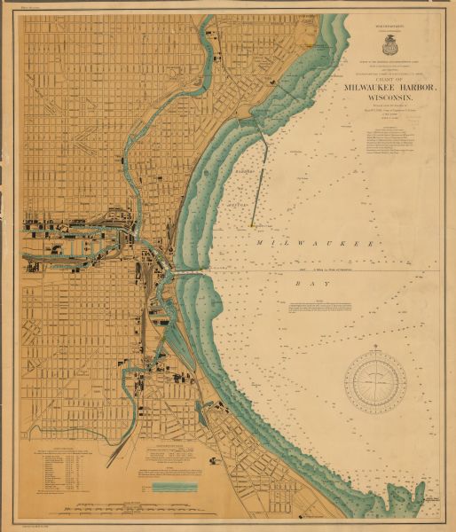 This map is a chart of Milwaukee Harbor that displays local streets, bridges, roads, railroads, public buildings, businesses, factories, dry docks, parks, piers, and shipping yards. This map also shows part of Lake Michigan, Bays, Rivers, and Canals, and Jones Island. Included is text on sailing directions, a description of Milwaukee's Dry Docks, authorities, notes on soundings, water and water depth. Depth is illustrated with gradient tints and soundings. Relief is depicted by contours. At the head of the title the map reads "Survey of the Northern and Northwestern Lakes: Made in Obedience to the Acts of Congress and orders form Headquarters Corps of Engineers, U.S. Army.

