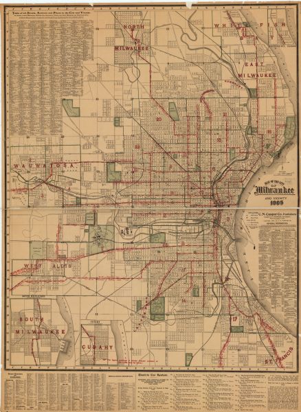 This map has three inset maps of Whitefish Bay, Cudahy, and South Milwaukee. This map depicts schools, engine houses, railroads, street railways, city wards, trolley car lines, parks, and block numbers. Also included are indexes of General References, Table of all streets, avenues, and places in the city and vicinity, Street directory of suburbs, and "Electric Car System" information. Street car lines and ward numbers are shown in red. Parks are illustrated in green. The right hand margin contains a key of explanations.