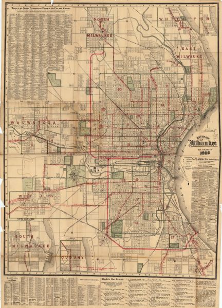 This map shows wards, schools, engine houses, railroads, street railways, block numbers, parks, roads, and Lake Michigan. Also included are indexes: Table of all Streets, Avenues and Places in the City and Vicinity, Street Directory of Suburbs, Miscellaneous References, and Electric Car System. Inset maps include: Whitefish Bay, Cudahy, and South Milwaukee. Red ink manuscript annotations show a proposed railroad between ferry slip, downtown Milwaukee, and North Milwaukee.