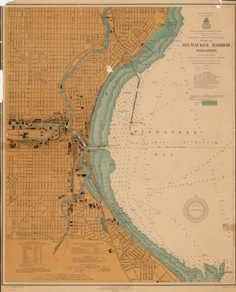This map is a chart of Milwaukee Harbor that displays local streets, bridges, roads, railroads, public buildings, businesses, factories, dry docks, parks, piers, and shipping yards. Surrounding geographical features are included: part of Lake Michigan, Bays, Rivers, and Canals, and Jones Island. Additional information can be found in the margins of the map: Authorities, notes on soundings, 'Sailing Directions', references for further information on lake and harbor descriptions, 'Comparative Elevations of Water Levels on Lake Michigan', Abbreviations, and a table that includes information on each of Milwaukee's Dry Docks. Keys on depth and relief are included in the margins. Depth is illustrated with gradient tints and soundings; water areas with depths of 18 feet are shown blue.  Relief is depicted with contour lines. At the head of the title the map reads &#698;Survey of the Northern and Northwestern Lakes: Made in Obedience to the Acts of Congress and orders form Headquarters Corps of Engineers, U.S. Army".