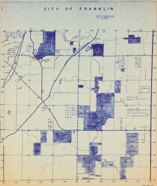 This blue line print shows state and city maintained roads, as well as government land, parks, Milwaukee Co. Park Commission, golf courses, schools, City of Milwaukee Nursery, Milwaukee County House of Correction, and cemeteries.