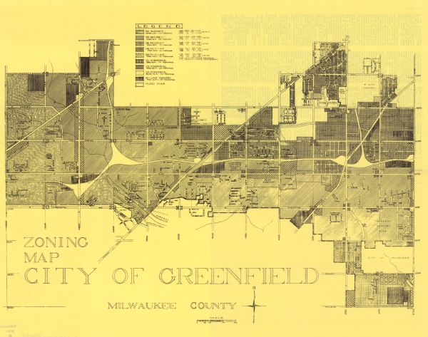 This map shows various zoning sections and includes labeled streets,  parks, and cemeteries. The upper left corner contains a legend of land use.