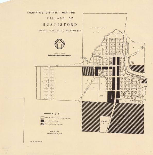 This map shows single family residence district, business district, and manufacturing district, as well as block and lot numbers, Hustis Homestead, gravel pit, bridge, dam, park, and a cemetery. Sinissippi Lake is labeled as are streets. The middle of the map includes a key of land use. The bottom left of the map reads: "Base map traced March 1955 ; revised Sept. 1956."
