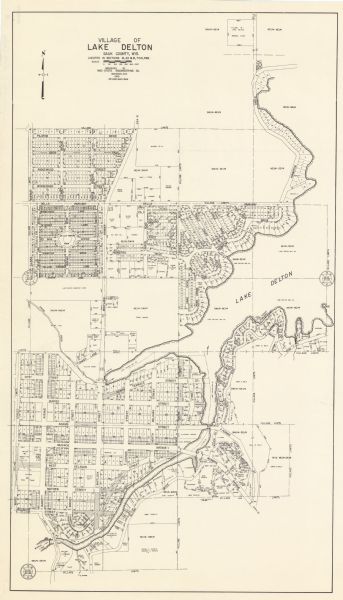 This map shows lot and block numbers, some landownership, disposal plant and pumping station, streets, parks, and vacated land. Lake Delton and streets are labeled.