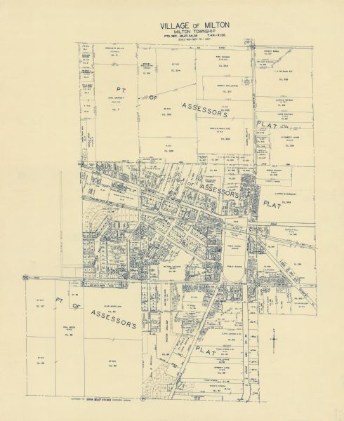 This blue line print map shows lot and block numbers and dimensions, some landownership, roads, and railroads. The map includes manuscript annotations of additional lots and streets.