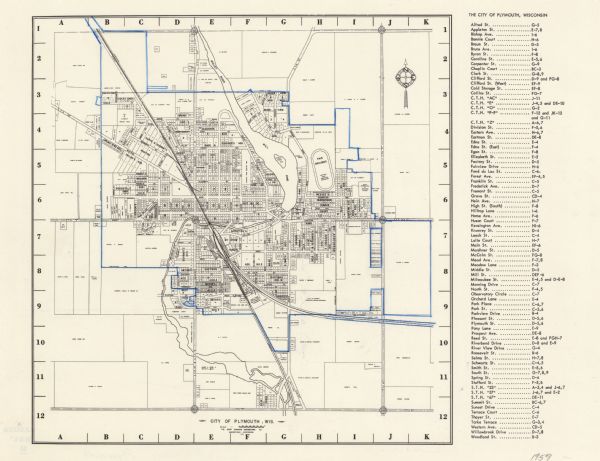 This map shows some land ownership, lot and block numbers, additions, fair grounds, streets, and railroads and is indexed. Mullet River and Mill Pond are labeled. The map includes manuscript annotations of expanded corporation lines in blue pencil.
