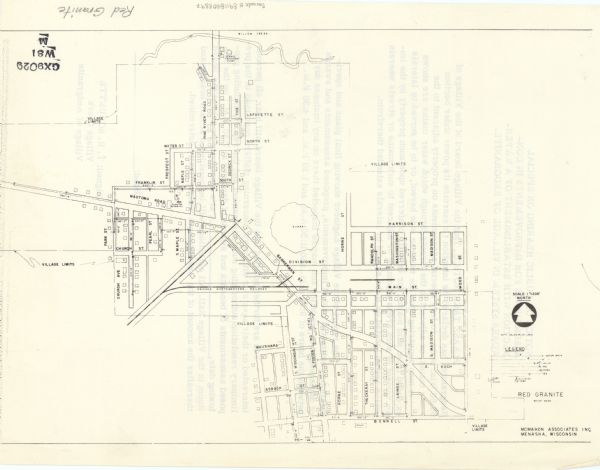 This map shows water mains, valves, hydrants, crosses, tees, and elevated tanks. The back of the map reads: "Notice of public hearing from T.H. Schuette, village clerk, village of Redgranite."