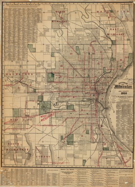 This map shows wards, schools, engine houses, railroads, street railways, block numbers, parks, roads, and Lake Michigan. Also included are indexes: Table of all Streets, Avenues and Places in the City and Vicinity, Street Directory of Suburbs, Miscellaneous References, and Electric Car System. Inset maps include: Whitefish Bay, Cudahy, and South Milwaukee. Ward numbers and some electric car lines are outlined in red. Cemeteries and parks are illustrated in green.