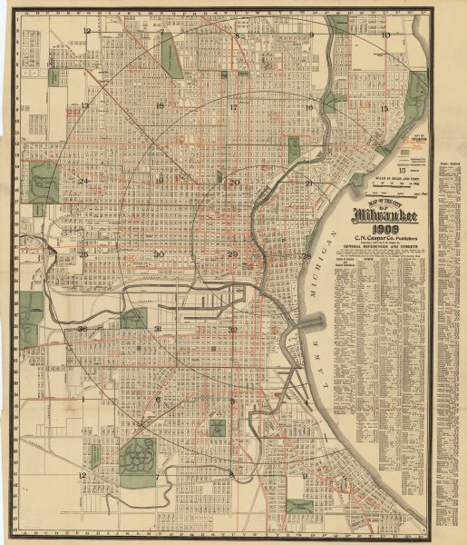 This map shows ward numbers, streets, railroads, electric car lines, parks, steam railways, section numbers, Lake Michigan and one mile concentric circles from City Hall. Also included is an index of general references and streets and a key of explanations. Cemeteries and parks are illustrated in green. Ward numbers and electric car lines are illustrated in orange. The right margin reads: "Copyright 1907 by C.N. Caspar Co."