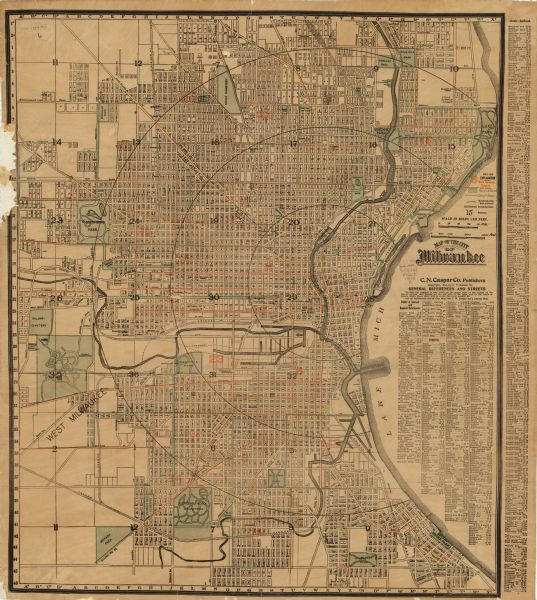 This map shows ward numbers, streets, railroads, electric car lines, parks, steam railways, section numbers, Lake Michigan and one mile concentric circles from City Hall. Also included is an index of general references and streets and a key of explanations. Cemeteries and parks are illustrated in green. Ward numbers and electric car lines are illustrated in orange. The right margin reads: "Copyright 1912 by C.N. Caspar Co."