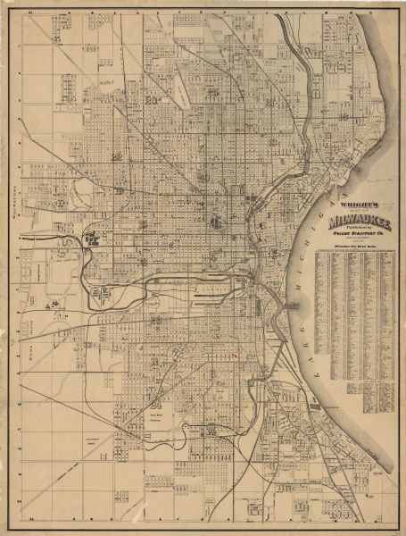 This map shows wards, roads, railroads, parks, cemeteries, select buildings, and Lake Michigan. Also included is a street index and manuscript annotations in red, green, and blue.