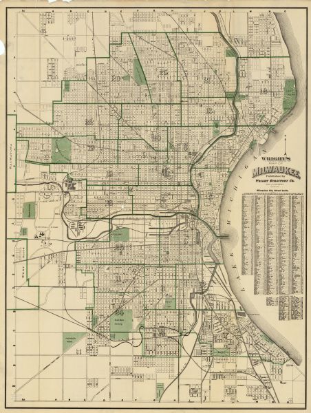 This map shows wards, roads, railroads, parks, cemeteries, select buildings, and Lake Michigan. Also included is a street index. Cemeteries and parks are illustrated in green.