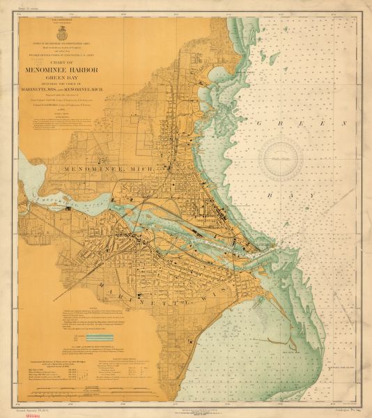 This map shows streets, railroads, land use, public buildings, commercial businesses, and the Menominee River. Depths are shown by gradient tints and soundings are shown in feet. Also included are notes on authorities, latitudes and longitudes, sailing directions, and comparative elevations. Margin text includes: 'Issued January 18, 1907," "Aids to navigation corrected from information received to January 18, 1907," "Catalogue No. 742," and "Price 13 cents."
