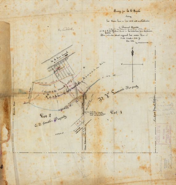 This map is ink and pen on tracing cloth and shows land ownership by name, canals, local streets, section lines, and original low water lines in blue. The map includes an index showing low water lines from evidence.
	