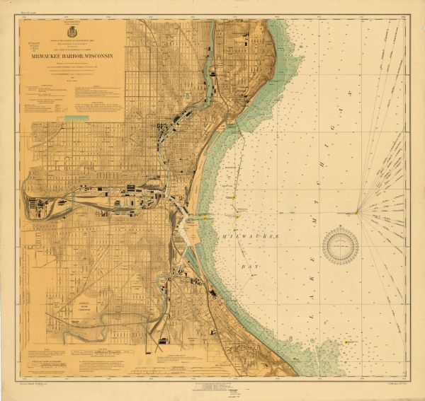 This map shows streets, selected buildings, railroads, railway yards, schools, parks, schools, cemeteries, bays, the Milwaukee River, and Lake Michigan. Depths are shown by soundings and tints and relief is shown by contours.  Also included are notes on sailing directions, opening and closing of navigation, dry docks, water elevation, authorities, and abbreviations.  Margin text includes: "Price 15 cents," "Issued March 19, 1924," and "Catalogue No. 743."