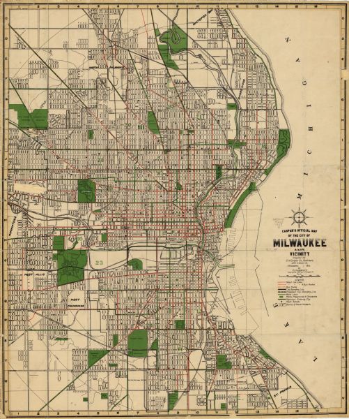 This map shows street car lines, bus routes, railroads, proposed city boundary lines, wards, public schools, blocks & house numbers, Lake Michigan, one mile concentric circles from City Hall, and the proposed harbor in Milwaukee and surrounding suburbs.  A legend is also included. Cemeteries, parks, and playgrounds are illustrated in green.