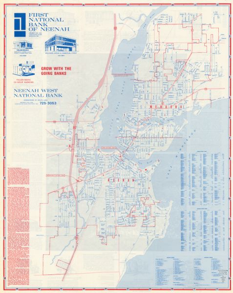 This map shows streets, Lake Winnebago, Little Lake Butte Des Morts, and the Fox River. Also included is text on the Fox River Waterways and the history of Neenah and Menasha, street indexes, and legends of points of interest. The reverse includes two birds-eye-view maps, illustrations, and points of interest. This map was likely given out by the First National Bank of Neenah.