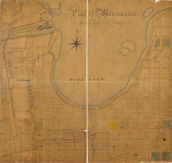 This map shows plat of town, local streets, numbered blocks and lots, mill pond, mills, part of the Red Cedar River, and land and property ownership by name. Relief is shown by hachures.