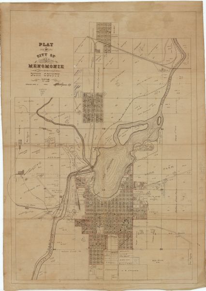 This map shows plat of town, local streets, numbered lots, blocks, and wards, roads, Lake Menomin, Wilson Creek, Red Cedar River, and land ownership by name.The map includes manuscript annotations in pencil.