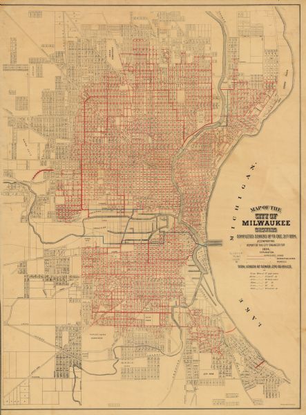 This map shows sewers, intercepting sewers, manholes, block numbers, streets, railroads, parks, cemeteries, and Lake Michigan. The right margin reads: "Total length of sewer 276 867/1000 miles."