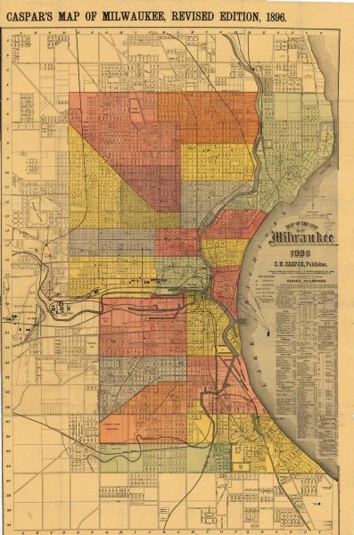 This map shows streets, wards, railroads, parks, cemeteries, and Lake Michigan. Also included are explanations and an index of points of interest.