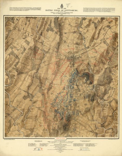 Detailed topographic map of the Gettysburg battlefield created thirteen years after the battle. This map shows day two of the battle. The map shows drainage, vegetation, roads, railroads, fences, houses with names of residents, and a detailed plan of the town of Gettysburg. The map reads: "Published by authority of the Hon. the Secretary of War, Office of the Chief of Engineers, U.S. Army, 1876."