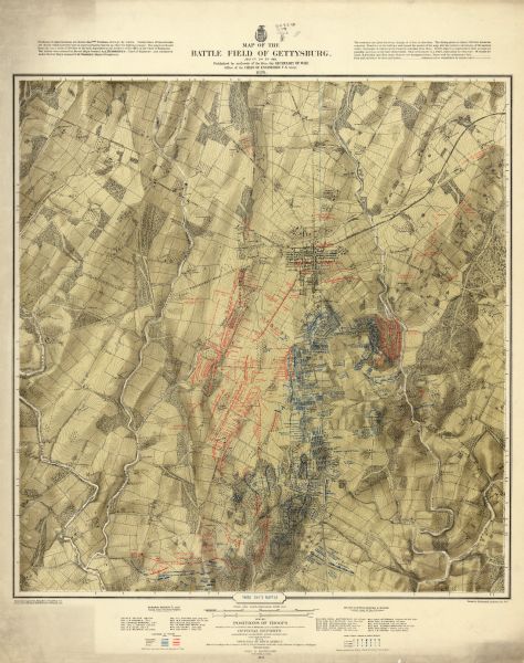 Detailed topographic map of the Gettysburg battlefield created thirteen years after the battle. This map shows day three of the battle. The map shows drainage, vegetation, roads, railroads, fences, houses with names of residents, and a detailed plan of the town of Gettysburg. The map reads: "Published by authority of the Hon. the Secretary of War, Office of the Chief of Engineers, U.S. Army, 1876."