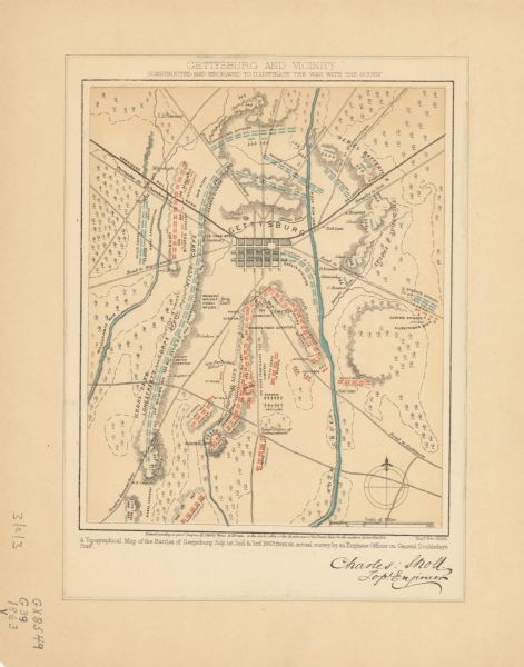 This map of the Battle of Gettysburg indicates Union positions in red and Confederate positions in blue. Also shown are artillery positions, roads, railroads, vegetation, and streams.