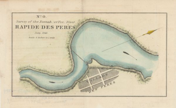 This map surveyed under the direction of Capt. Thomas J. Cram is one in a series of seven. The map shows part of the Fox River and the beginning of the town. Relief is shown by hachures and depths are shown by contours and soundings. The upper left corner of the map reads: "Jany. 1840. Scale 4 inches to 1 mile."