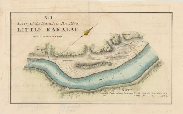 This map surveyed under the direction of Captain Thomas J. Cram is one in a series of seventeen that accompanied Cram's report on the Fox-Wisconsin river survey. "Williams" and "Lavines" are labeled. Relief is shown by hachures and depths are shown by contours and soundings. The lower right corner includes a note about the river. Scale is given in the upper left corner as 6 inches to 1 mile.