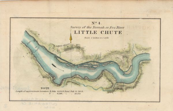 This map surveyed under the direction of Captain Thomas J. Cram is one in a series of seventeen that accompanied Cram's report on the Fox-Wisconsin river survey. Some areas of the map are labeled including the Catholic Mission. Relief is shown by hachures and depths are shown by contours and soundings. The lower left corner includes a note about the river. Scale is given in the upper right corner as 4 inches to 1 mile.