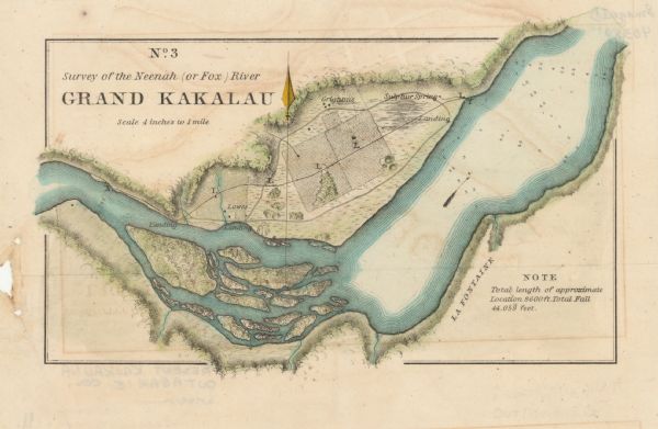 This map surveyed under the direction of Captain Thomas J. Cram is one in a series of seventeen that accompanied Cram's report on the Fox-Wisconsin river survey. Several points of interest are labeled. Relief is shown by hachures and depths are shown by contours and soundings. The lower right corner includes a note about the river. The upper left corner includes the scale 4 inches to 1 mile.