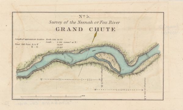This map surveyed under the direction of Captain Thomas J. Cram is one in a series of seventeen that accompanied Cram's report on the Fox-Wisconsin river survey. Relief is shown by hachures and depths are shown by contours and soundings. The upper left corner includes a note about the river. Scale is given as 4 inches to 1 mile. 