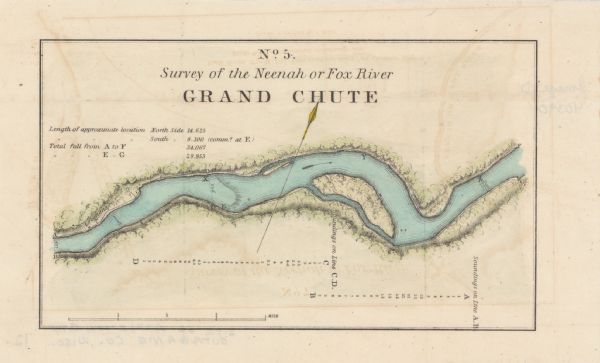 This map surveyed under the direction of Captain Thomas J. Cram is one in a series of seventeen that accompanied Cram's report on the Fox-Wisconsin river survey. Relief is shown by hachures and depths are shown by contours and soundings. The upper left corner includes a note about the river. Scale is given as 4 inches to 1 mile.
