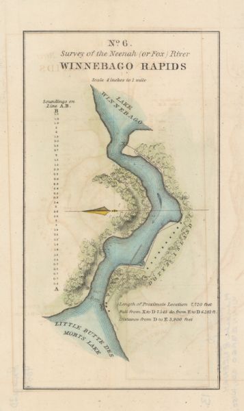 This map surveyed under the direction of Captain Thomas J. Cram is one in a series of seventeen that accompanied Cram's report on the Fox-Wisconsin river survey. Lake Winnebago, Little Butte Des Morts Lake, and Dotty's Island are labeled. Relief is shown by hachures and depths are shown by contours and soundings. The lower right corner includes a note about the river. Scale is given below the title as 4 inches to 1 mile.