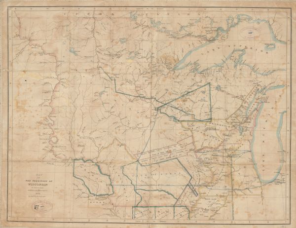This map was created to accompany a congressional report shows the then Wisconsin Territory, including present-day states of Wisconsin, Minnesota, Iowa, and parts of North and South Dakota. Although not part of the Wisconsin Territory the map also includes northern Illinois. The map shows Native American tribal regions, land cessions and General Land Office districts. Lake Michigan, Lake Superior, rivers, other lakes, and major geographical features are labeled. The map includes annotations in blue.