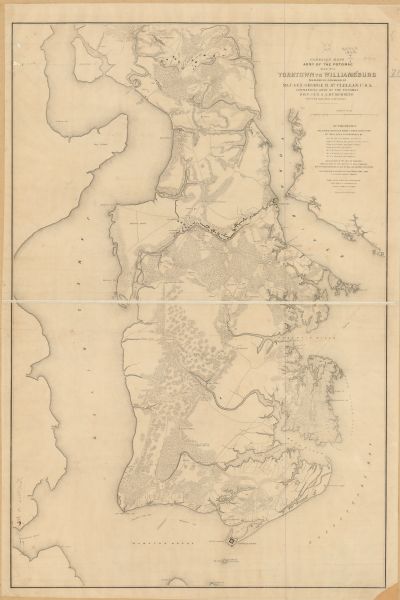 This map shows the plan of the siege of Yorktown and the Battle of Williamsburg. The map also shows fortifications, towns, roads, houses, names of residents, vegetation, drainage, and relief by hachures. The James River, York River, other minor rivers, and the Chesapeake Bay are labeled.