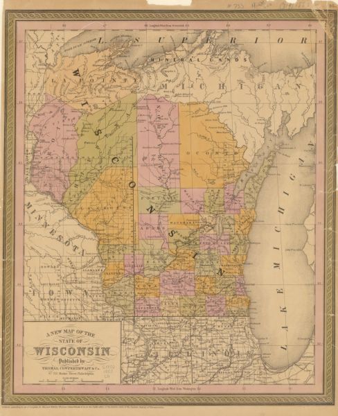 This map shows counties in pink, orange, green, and yellow. Lake Michigan and Lake Superior are labeled as well as rivers and some geographical features. Michigan, Minnesota, Iowa, and Illinois are labeled. This map differs from later editions with the absence of a legend, and the absence of the following counties: Ozaukee, Monroe, Kewaunee, Shawano, Jackson, Trempealeau, Buffalo, Pierce, Dunn, Polk, and Douglas; railroad extends from Milwaukee only as far as Ft. Atkinson. The map appeared in the author’s New universal atlas. The map reads: "Entered according to act of Congress, in the year 1850, by Thomas, Cowperthwait & Co. in the clerk’s office of the District court of the eastern district of Pennsylvania."