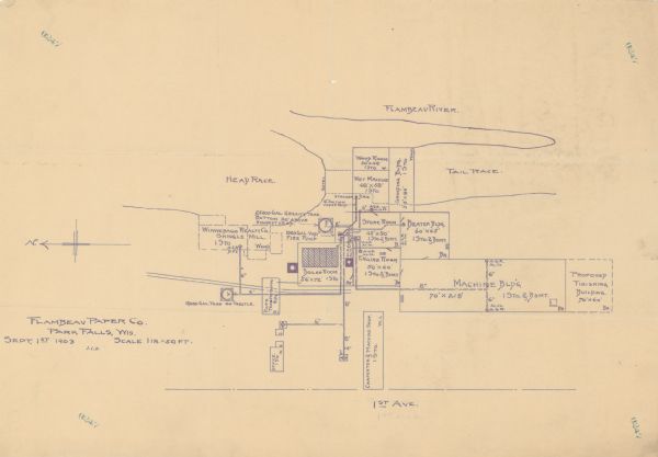 This blue line print map is oriented with the north to the left and shows buildings with dimensions, utilities, and proposed buildings. The Flambeau River is labeled. Below the title the map reads: "Sept 1st 1903."

