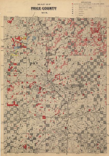 This map shows vacant Southwick & Sellers lands, settlers' houses, Goodland Co. land, schools, churches, saw mills, roads, and railroads. A key in the upper right corner of "Explanations." provides details on the colors and symbols used on the map.