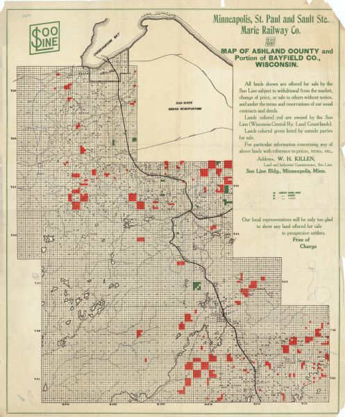 This map shows school houses, churches, farms, and railroads. Chequamecon Bay and Bad River Indian Reservation are labeld. The map reads: "All lands shown are offered for sale by the Soo Line subject to withdrawal from the market, change of price, or sale to others without notice, and under the terms and reservations of our usual contracts and deeds. Lands colored red are owned by the Soo Line (Wisconsin Central Ry. Land Grant lands). Lands colored green listed by outside parties for sale. For particular information concerning any of above lands with reference to prices, terms, ect. Address, W.H. Killen, Land and Industrial Commissioner, Soo Line. Soo Line Bldg., Minneapolis, Minn."