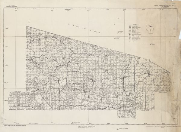 This topographical map of the forest preserve shows highways, roads, trails, telephone lines, Native American reservations, Ranger sub-stations, state nurseries, airports, lakes, islands, the Wisconsin River, railroads, and communities. The upper right hand corner contains a legend of symbols on the map and a "Location Map" showing where in the state of Wisconsin Vilas County is located. The upper left corner reads: "State of Wisconsin, Conservation Department, Map Section."