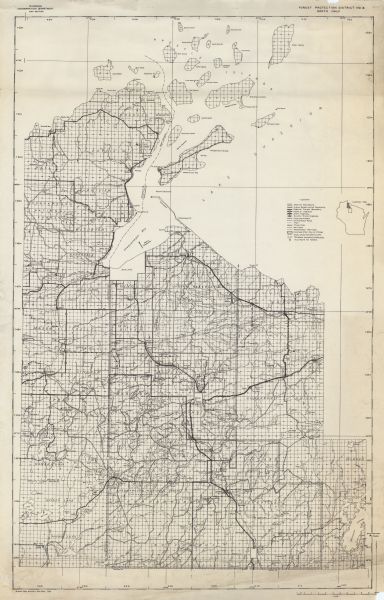 This topographical map of the forest preserve shows highways, roads, trails, telephone lines, Native American reservations, Ranger sub-stations, state nurseries, airports, lakes, islands, the Wisconsin River, railroads, and communities. The upper right hand corner contains a legend of symbols on the map and a "Location Map" showing where in the state of Wisconsin portions of Bayfield, Ashland, and Sawyer counties are located. The upper left corner reads: "State of Wisconsin, Conservation Department, Map Section."