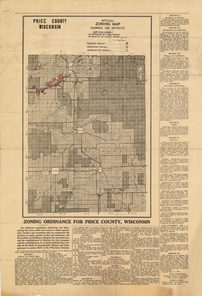 This map shows land zoning. The top middle includes a key of land zones, forestry, recreation, and unrestricted. The map includes extensive text on zoning ordinances. The lower right corner reads: "Published Jan. 24, 1935."