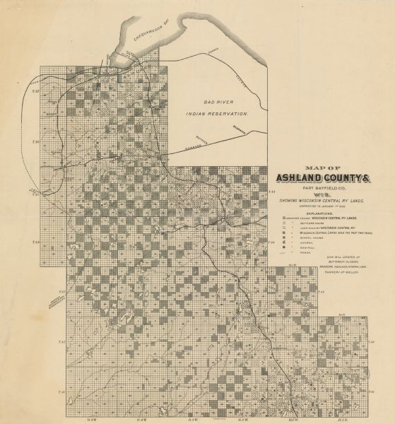 This map shows vacant Wisconsin Central Ry. lands, settlers houses, lands sold by Wisconsin Central Ry., schools, churches, saw mills, and roads; also shows proposed Ashland, St. Paul, Minneapolis R.R. The right margin of the map includes a key of explanations of patterns and symbols on the map. Chequamegon Bay and Bad River Indian Reservation are labeled.