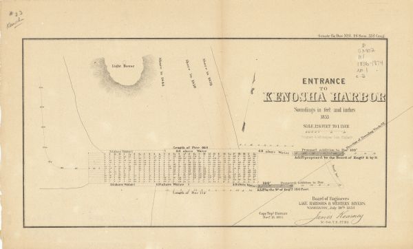 This map shows the shore in 1844, 1850, and 1852, the length of and proposed additions to the pier. Relief is shown by hachures and depths are shown by soundings. The top margin reads: "Senate Ex. Doc. No. 1. 2d Sess. 33d Cong."