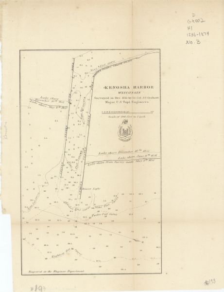 This map with north oriented toward the lower left shows the United States North and South Piers. Lake shores from 1855, 1856, and 1857 are labeled. Depths are shown by soundings and isolines.