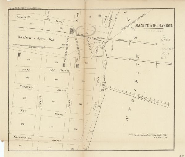 This map shows streets, docks, warehouses, and piers near the harbor. The Manitowoc River and Lake Michigan are labeled. Depths are indicated by soundings and isolines. Relief is shown by hachures. The top margin reads: "Senate Ex. Doc. No. 1. 1st Session 33rd Congress."
